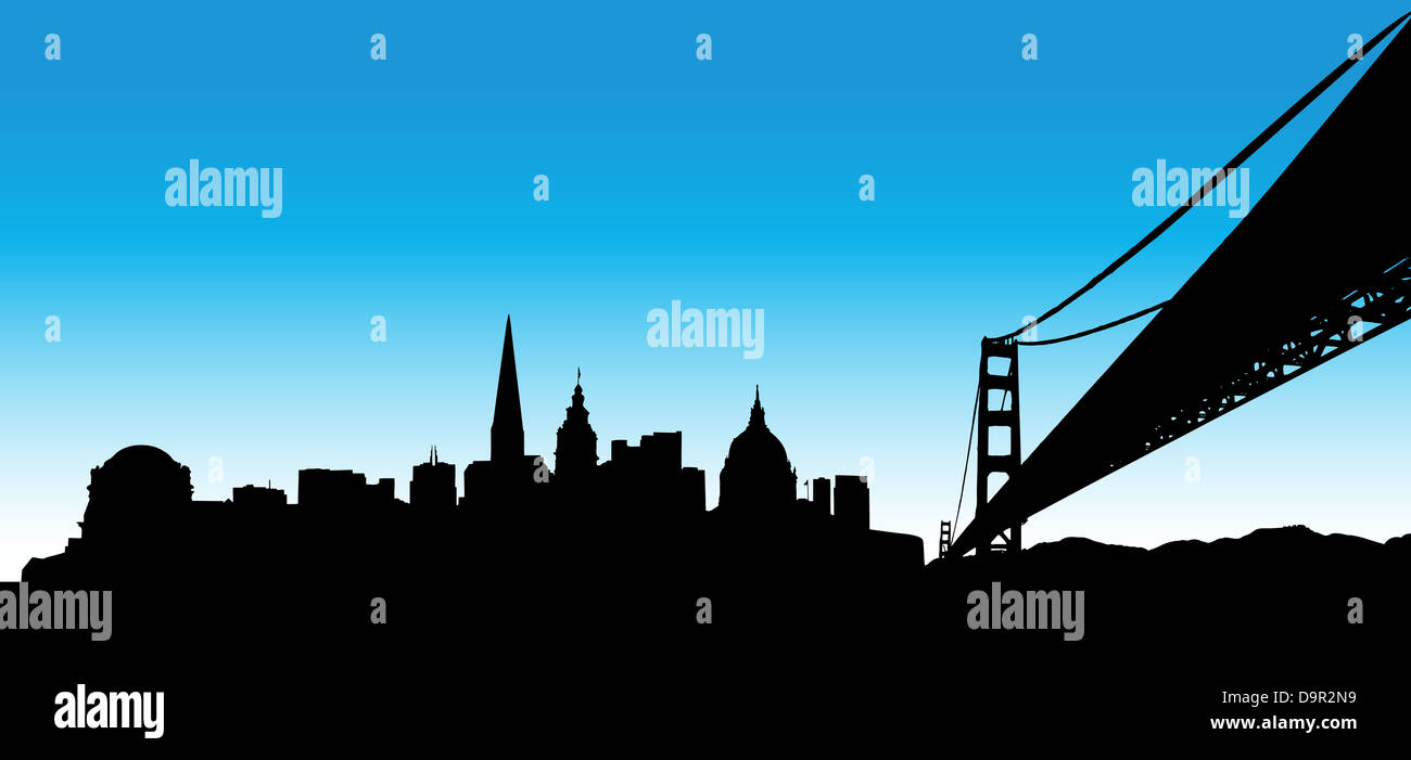 Vektor-die Skyline von San Francisco auf blauem Hintergrund Stockfoto