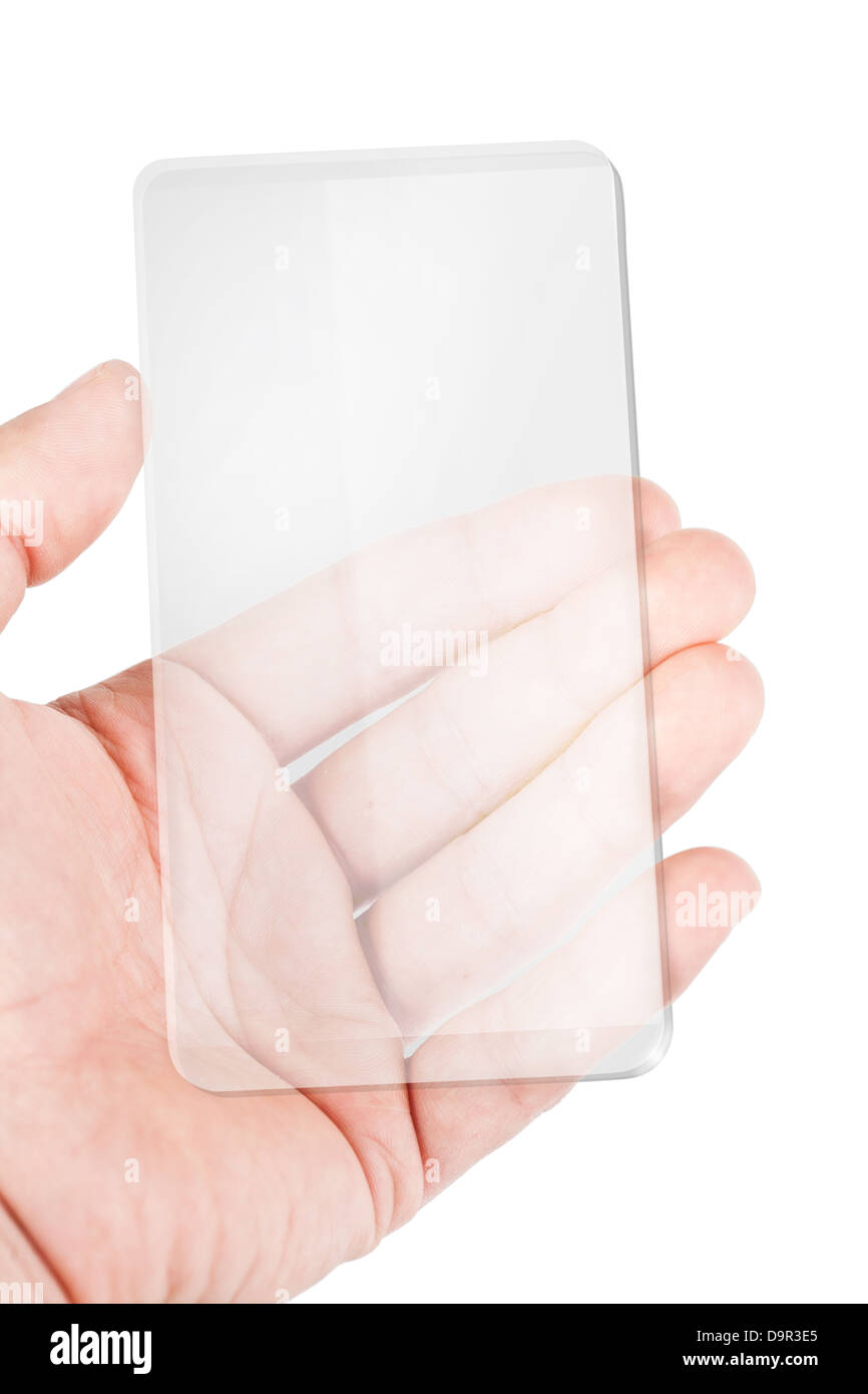 Transparente Mobile Smart Phone in Menschenhand, Technologie-Konzept Stockfoto