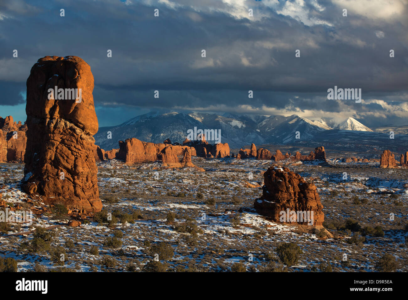 Windows-Abschnitt mit der La Sal Mountains hinaus Arches-Nationalpark, Utah, USA Stockfoto