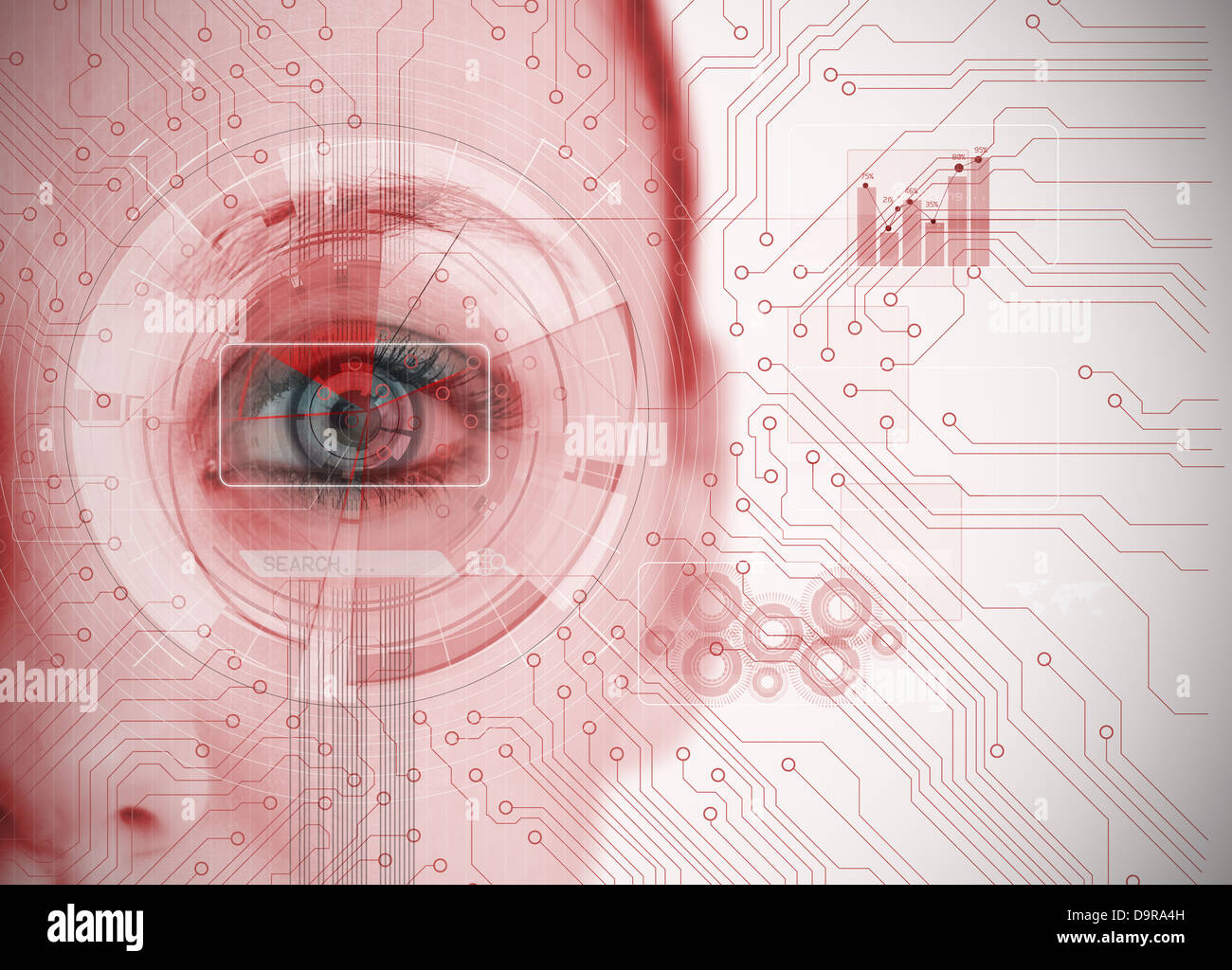 Nahaufnahme von Frau Auge Diagramm Schnittstelle mit Platine Hintergrund analysieren Stockfoto