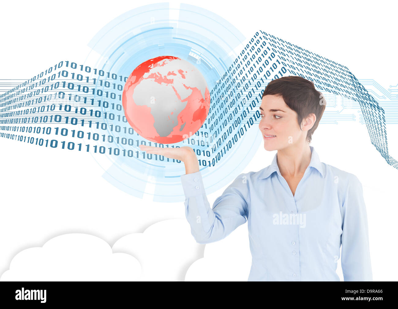 Geschäftsfrau hält einen roten Planeten Stockfoto