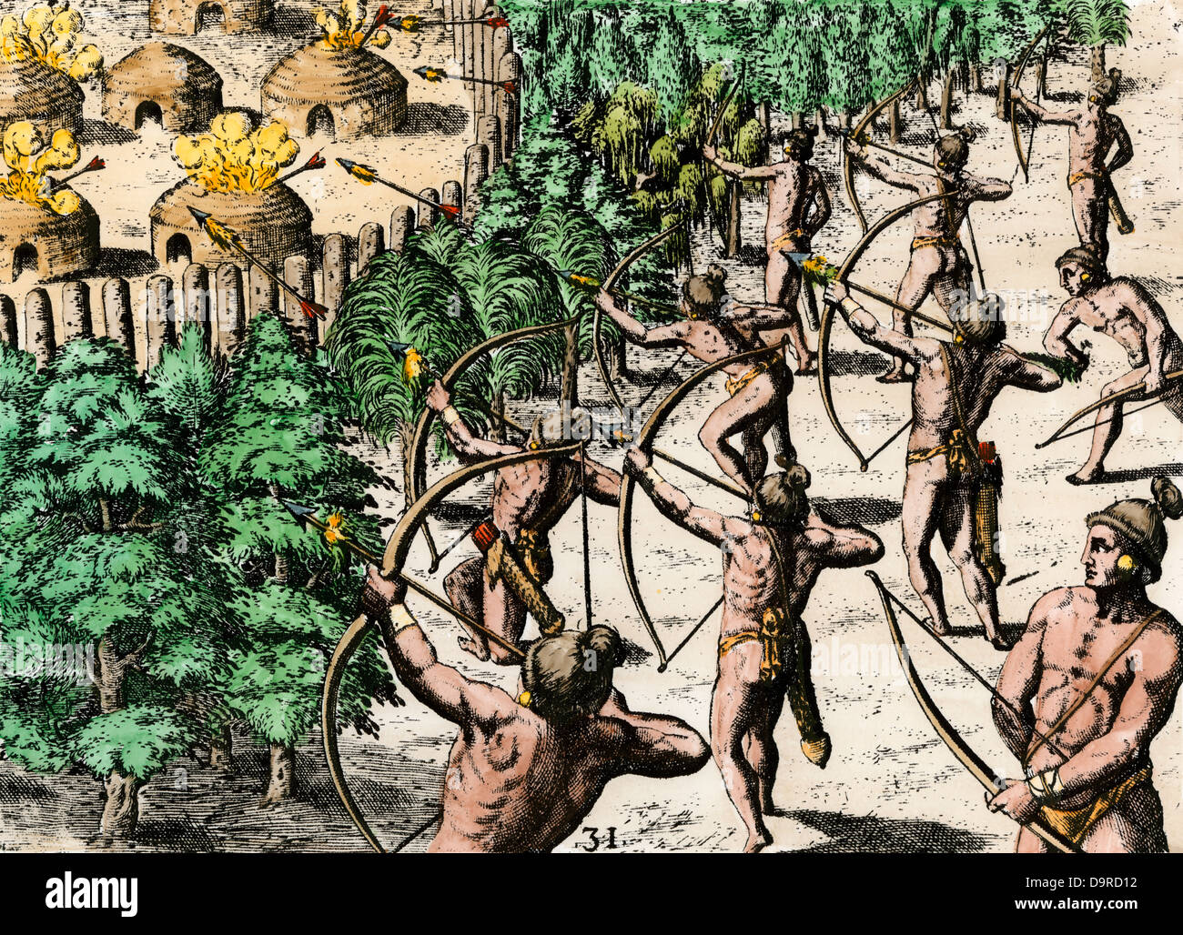 Native Americans angreifenden Feind Dorf durch das Schießen von brennenden Moos es in Flammen zu setzen, Florida, 1500. Handcolorierte DeBry Gravur einer LeMoyne Malerei Stockfoto