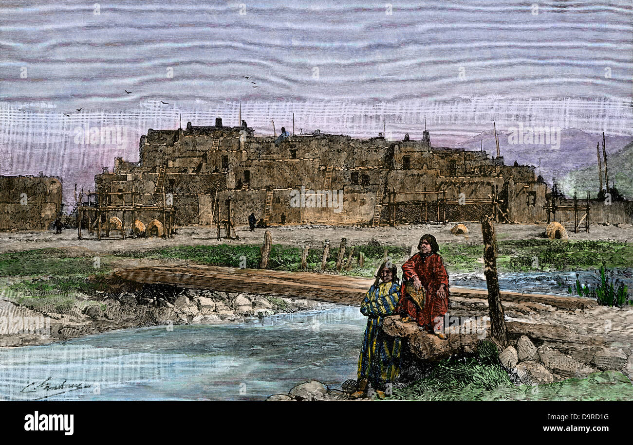 Pueblo von Taos, auf dem Rio Pueblo de Taos, New Mexico, 1800. Hand - farbige Holzschnitt Stockfoto