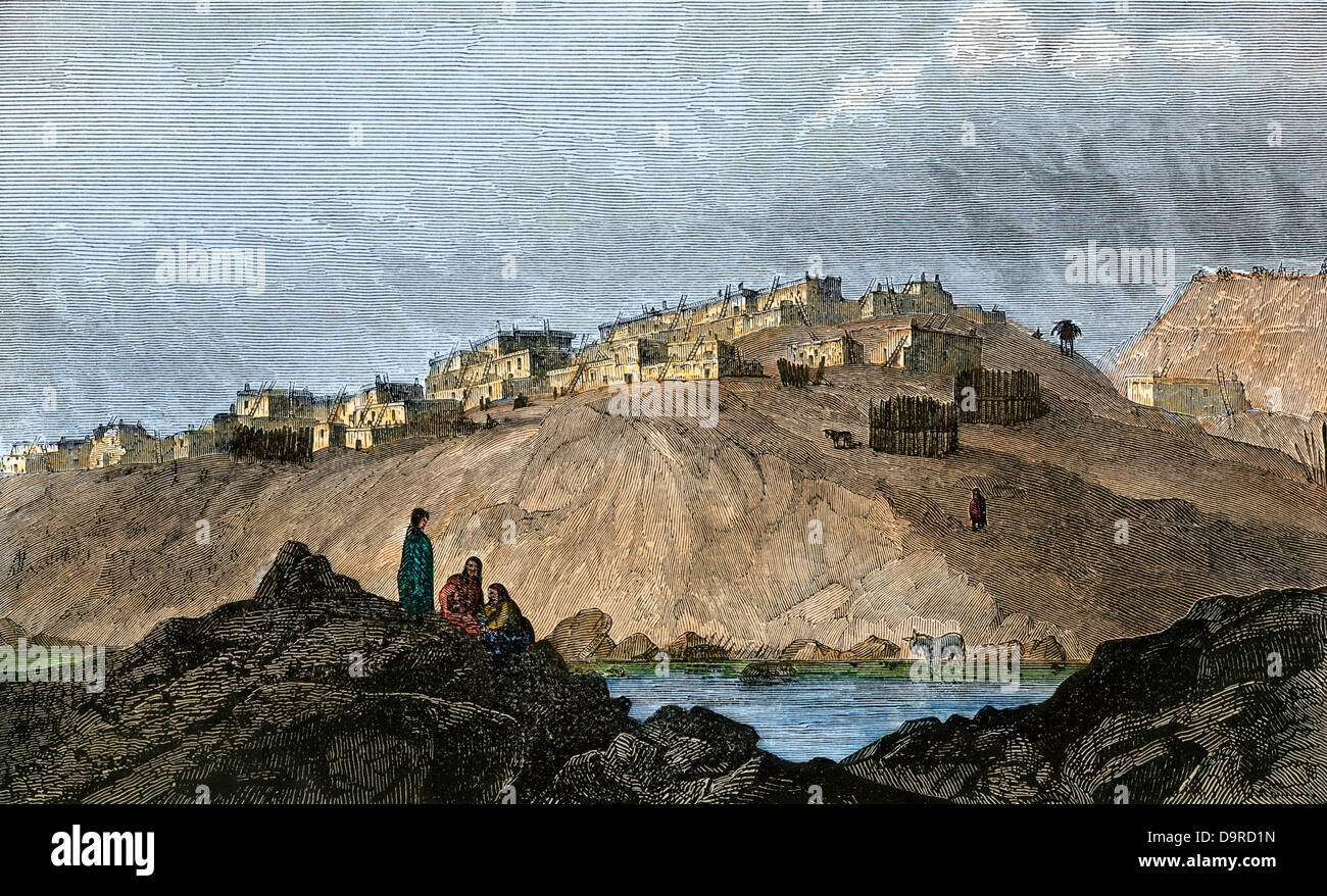 Laguna Pueblo auf dem Rio Puerco, New York, 1800. Hand - farbige Holzschnitt Stockfoto