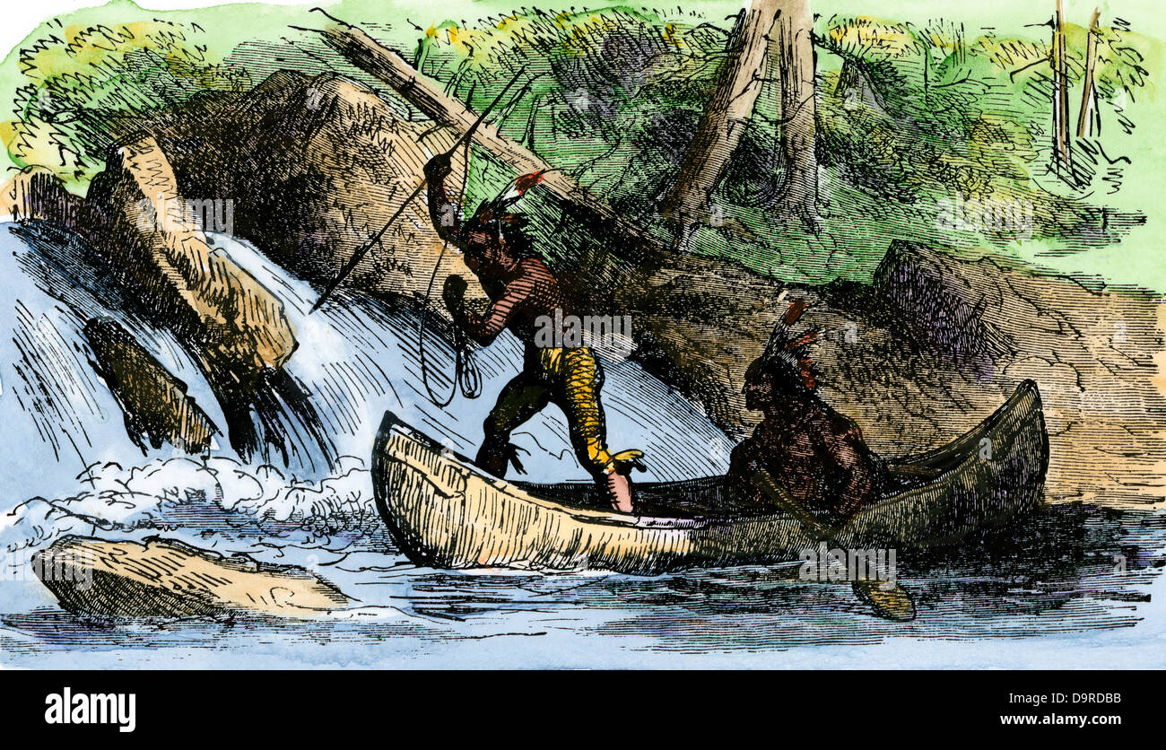 Gebürtige Amerikaner angeln von einem Kanu. Hand - farbige Holzschnitt Stockfoto