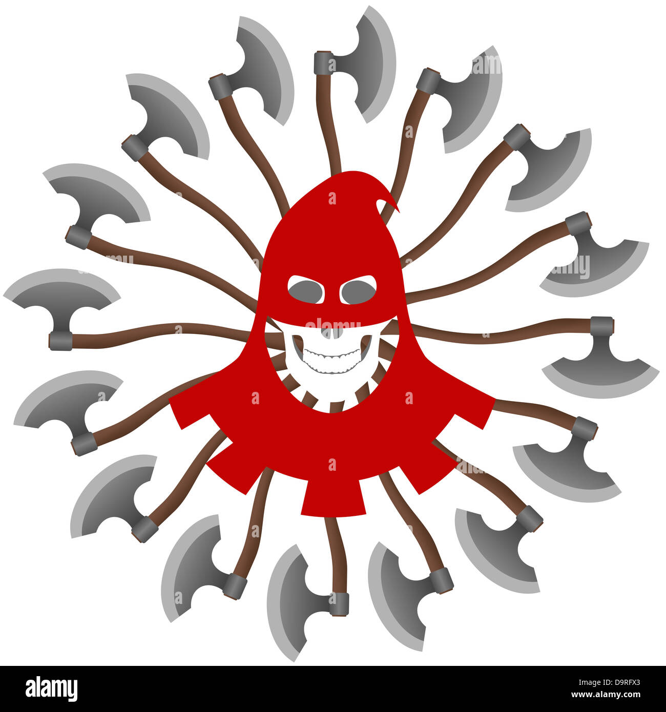 Der Henker Maske und Achsen, Hinrichtungen durchzuführen. Die Abbildung auf einem weißen Hintergrund. Stockfoto