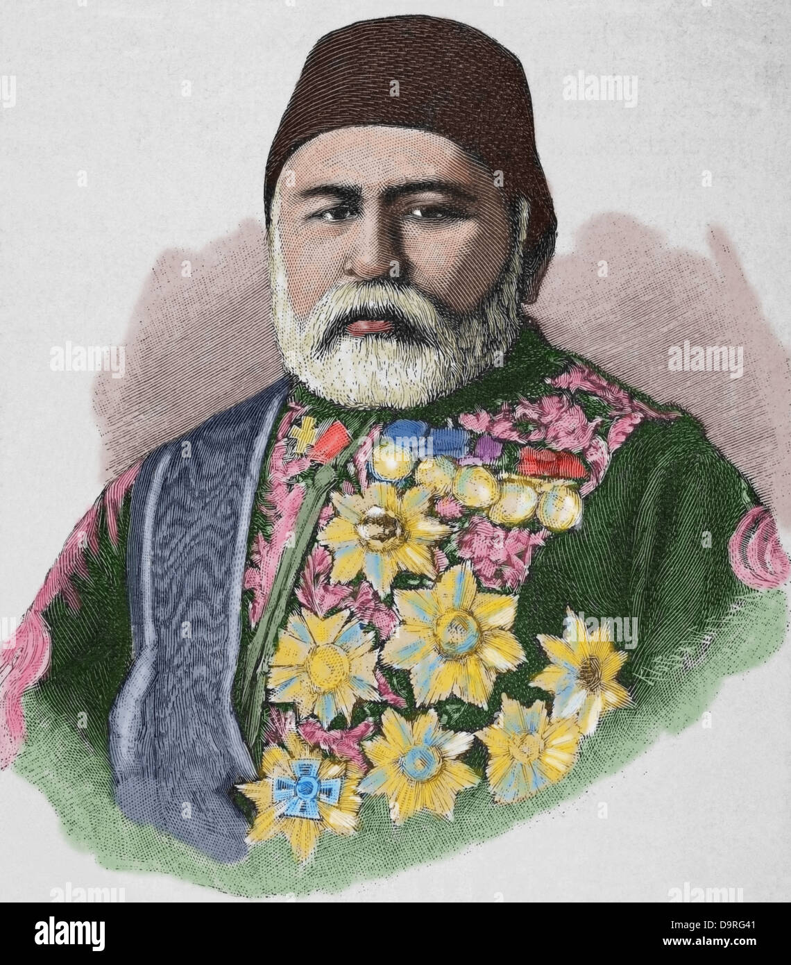 Hussein Awni Pascha (1819 1876). War ein türkischer General und Staatsmann. Kupferstich von Klose. "Nuestro Siglo", 1883. Farbige. Stockfoto