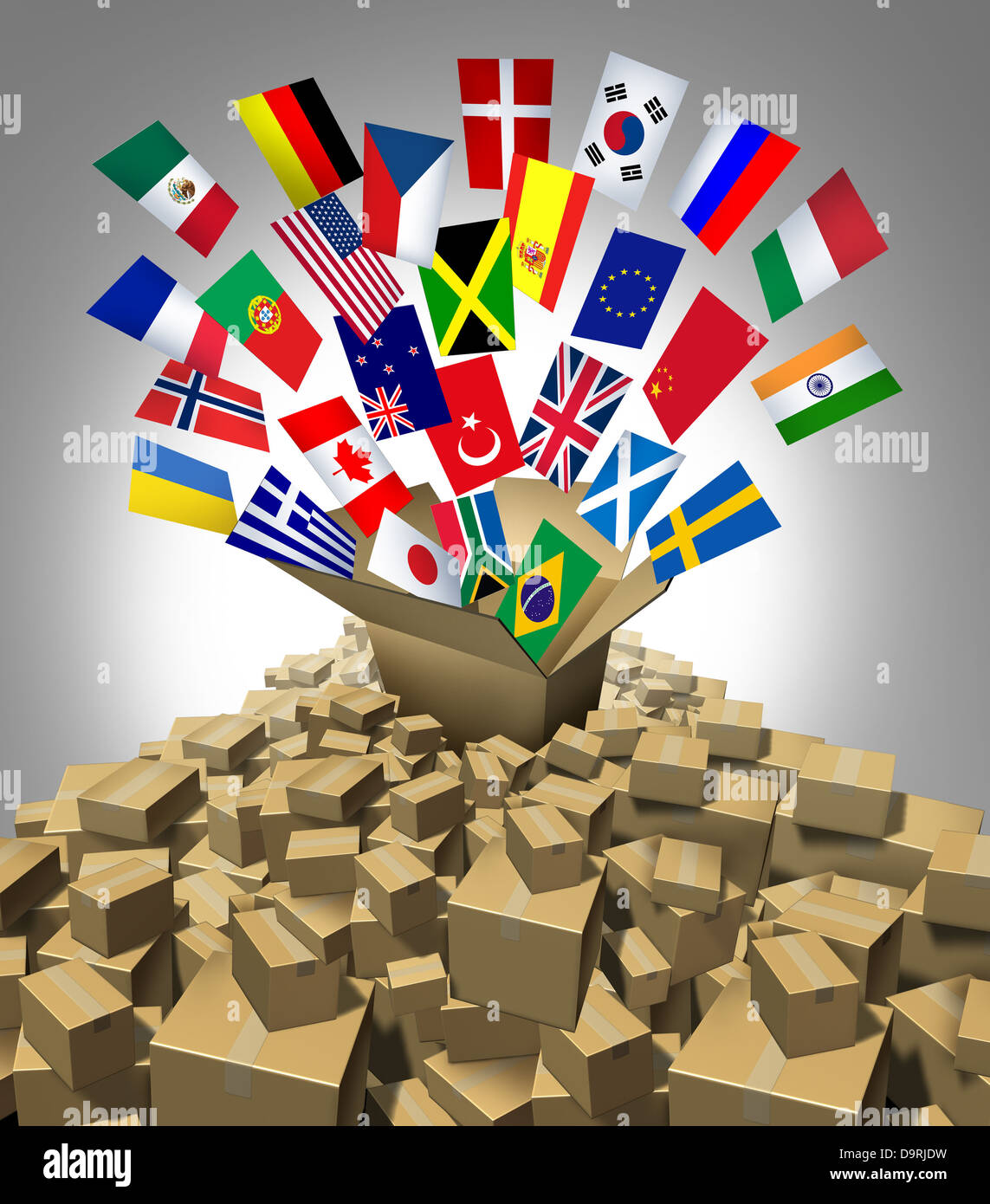 Weltweite Lieferung Versand- und internationale Paket senden als ein Welt-Paket-Konzept gemacht von einem Berg von Kartons als eine Stockfoto