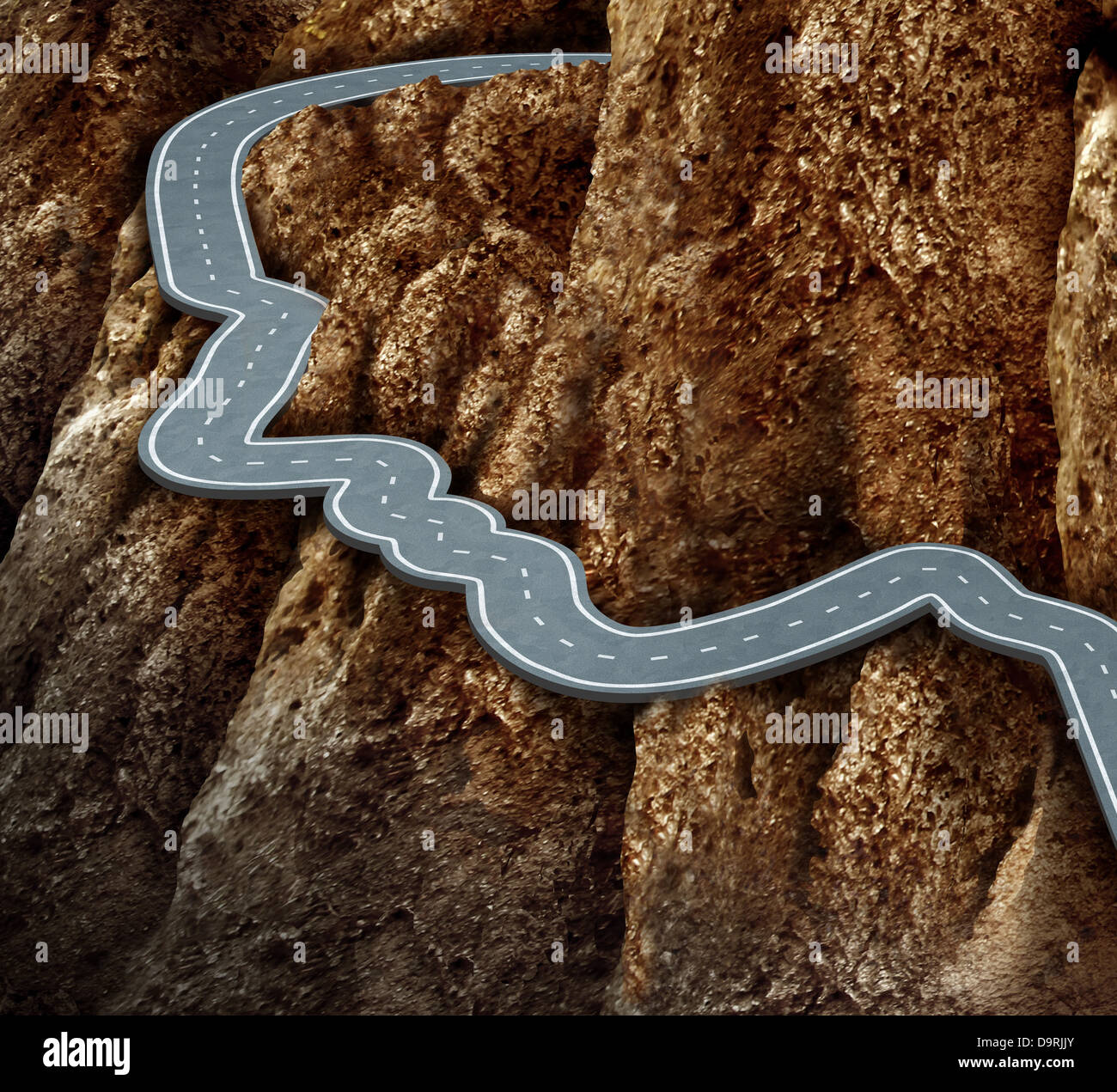 Risiko-Strategie und Herausforderungen in der Wirtschaft und im Gesundheitswesen mit einer menschlichen Kopfform Straße Verdrehen um eine gefährlich hohe Klippe als Konzept der Steuerung und Überwindung von Not gehen durch Hindernisse zu bewältigen. Stockfoto