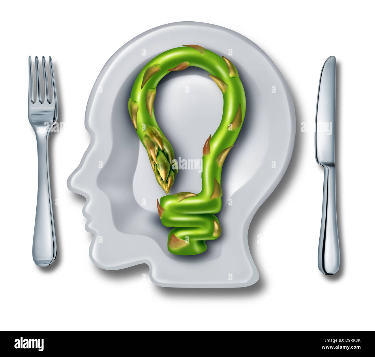 Kochen mit einem weißen Keramikplatte in Form eines menschlichen Kopfes und ein Spargel-Gemüse als eine Glühbirne als ein Foo geprägt Stockfoto