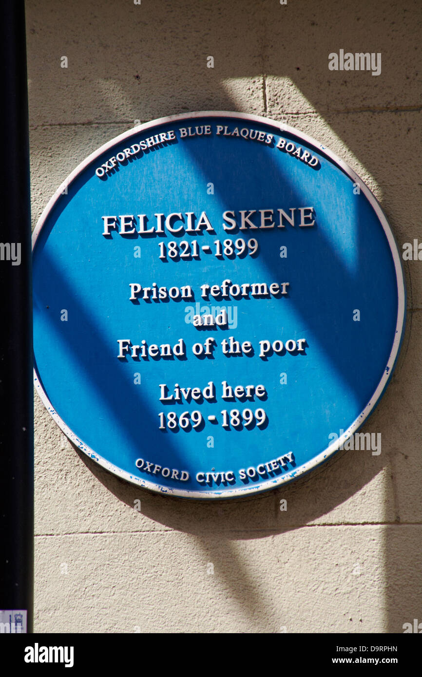 Oxfordshire blaue Plakette für Felicia Skene Gefängnisreformer und Freund der Armen lebte hier 1869-1899 in Oxford, Oxfordshire UK im Mai Stockfoto