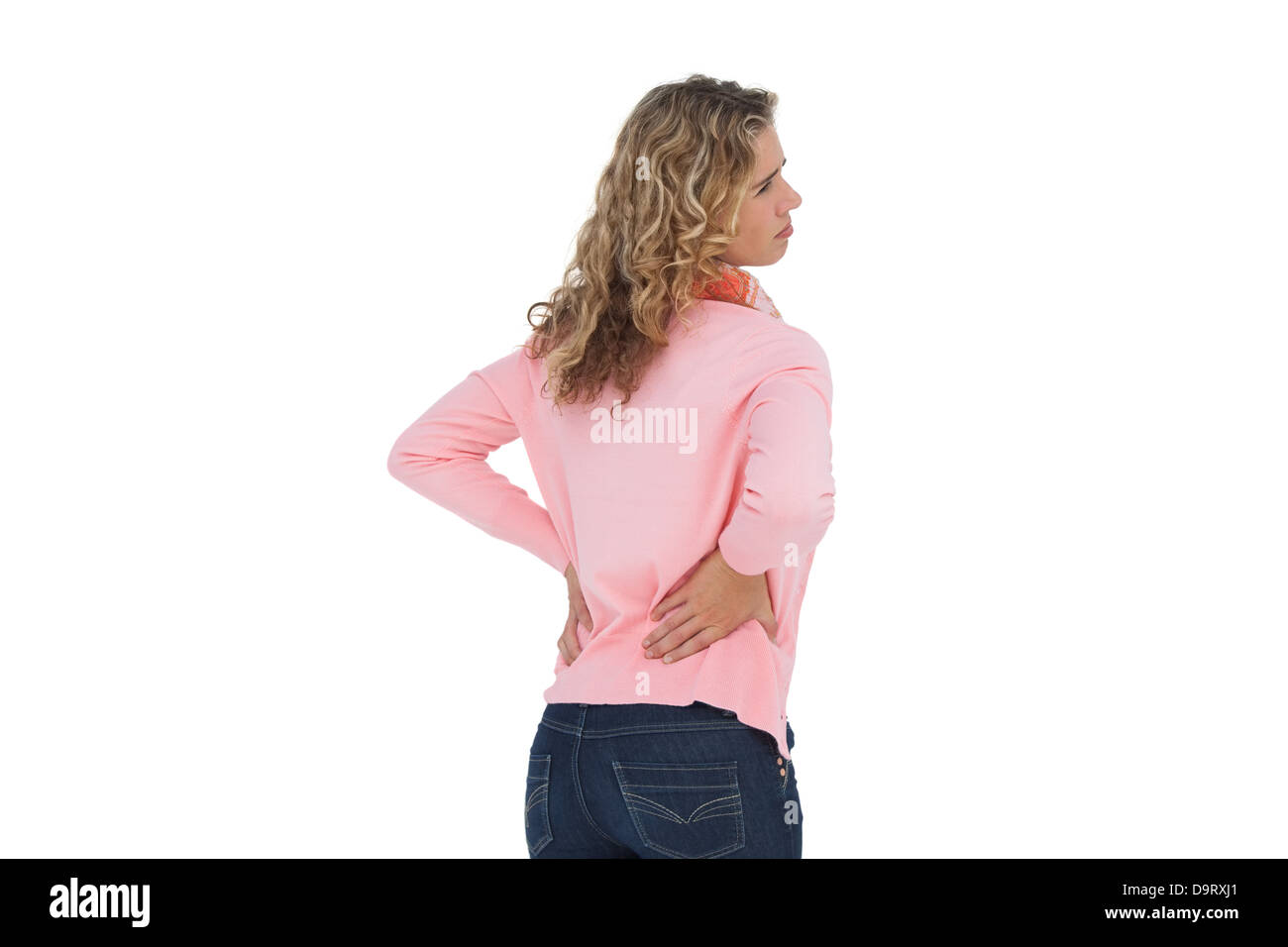 Frau mit ein Rückenschmerzen und hält sie zurück Stockfoto