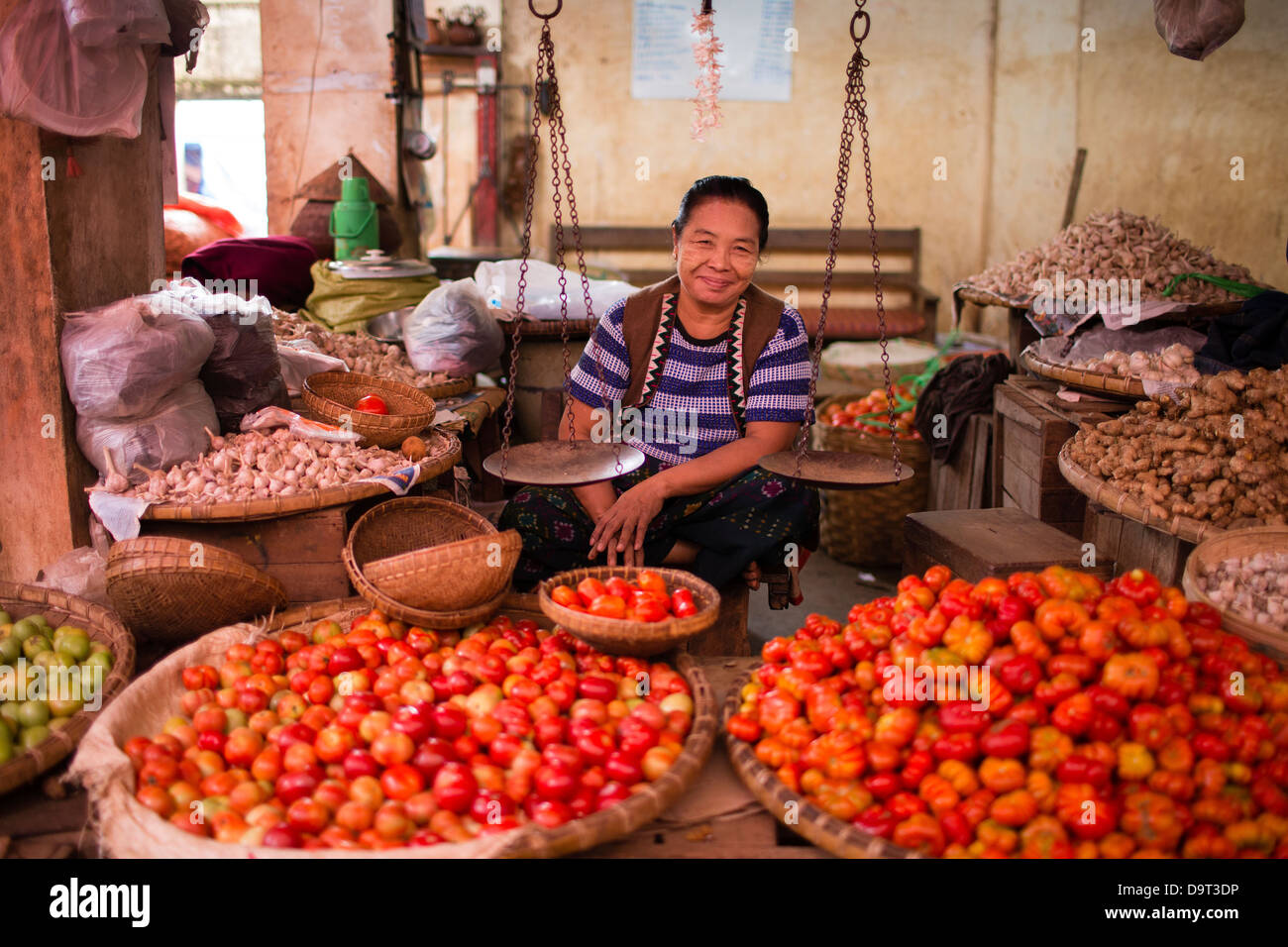 eine Frau, die Tomaten auf dem Markt von Pyin Oo Lwin, Shan-Hochland, Myanmar (Burma) zu verkaufen Stockfoto