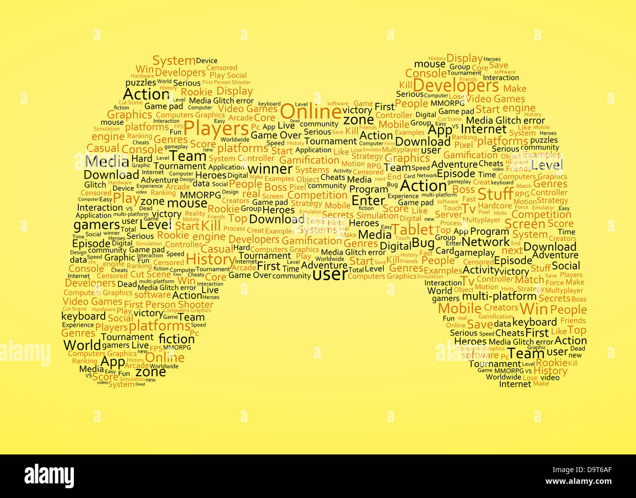 Verschiedene gelbe Worte repräsentieren einen joystick Stockfoto