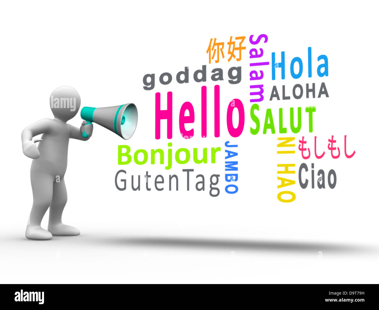 Weiße Gestalt offenbart Hallo in verschiedenen Sprachen mit einem Megaphon Stockfoto