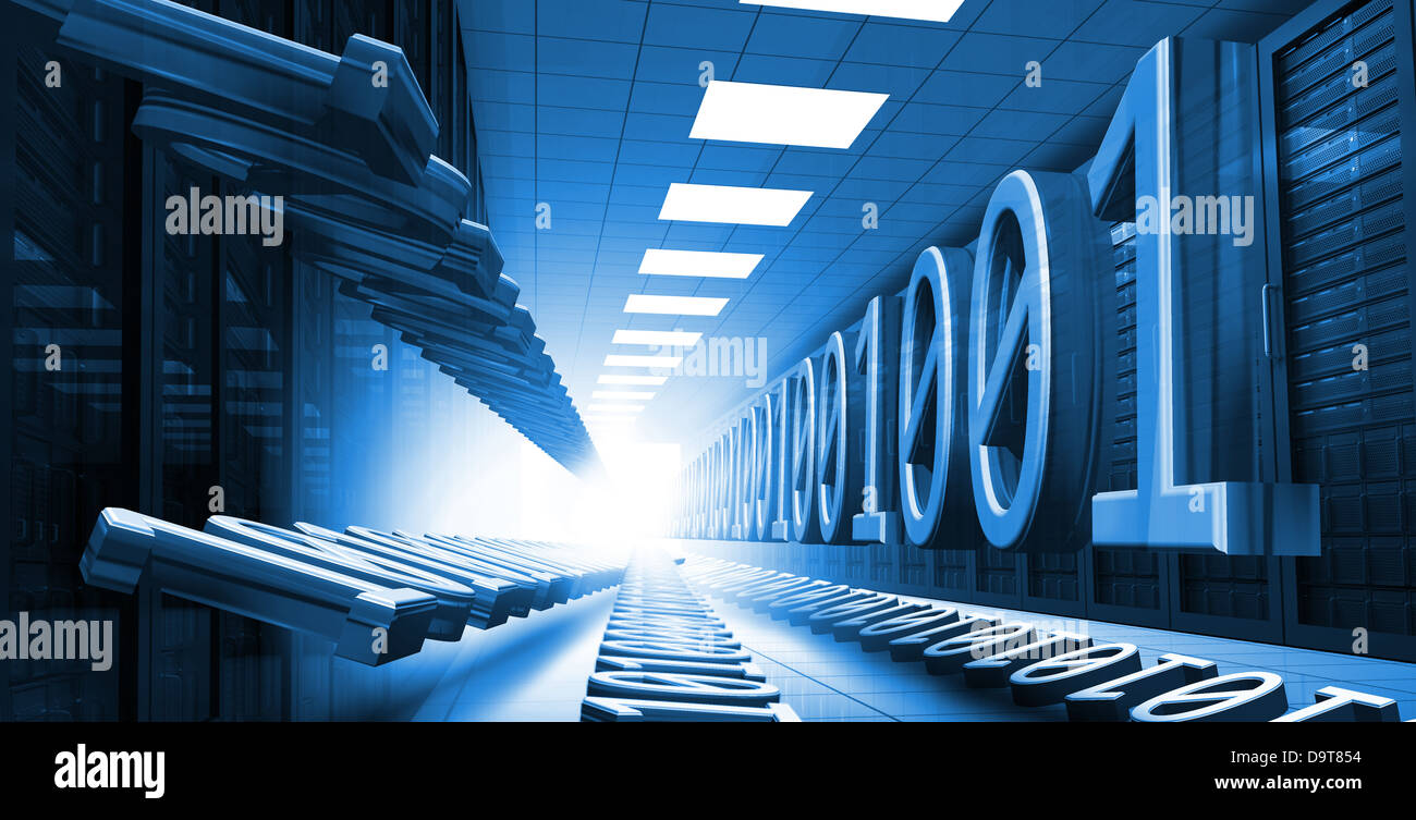 Blaue Binärcode in Data Center Halle führt ans Licht Stockfoto