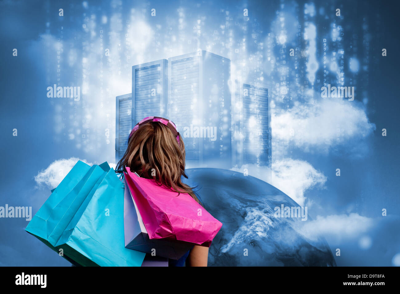 Mädchen mit Einkaufstüten Datenserver auf Erde zu betrachten Stockfoto
