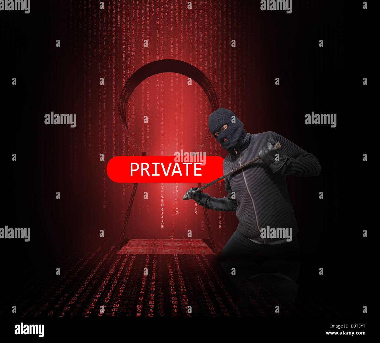 Tür blockiert durch Private Schild mit Einbrecher Stockfoto