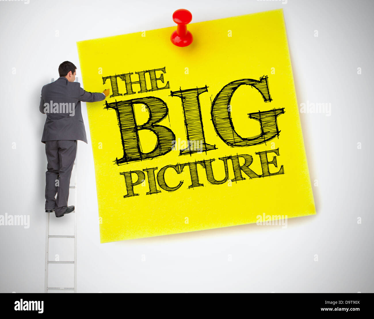 Geschäftsmann, schreiben das große Bild auf einem Riesen post-it Stockfoto