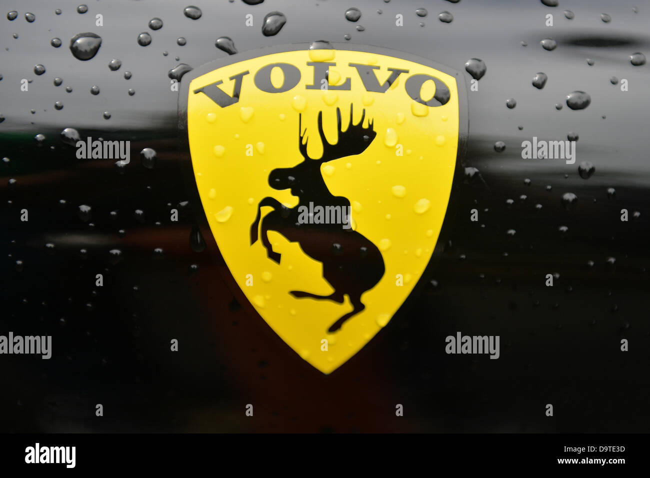 Die Logo-Aufkleber des schwedischen Automobilherstellers Volvo, Depcits  einen springenden Elch in Bezug auf das springende Pferd des  Automobilherstellers Ferrari, auf der Motorhaube eines Autos in Sonneberg,  Deutschland, 11. Juni 2013. Foto: Marc