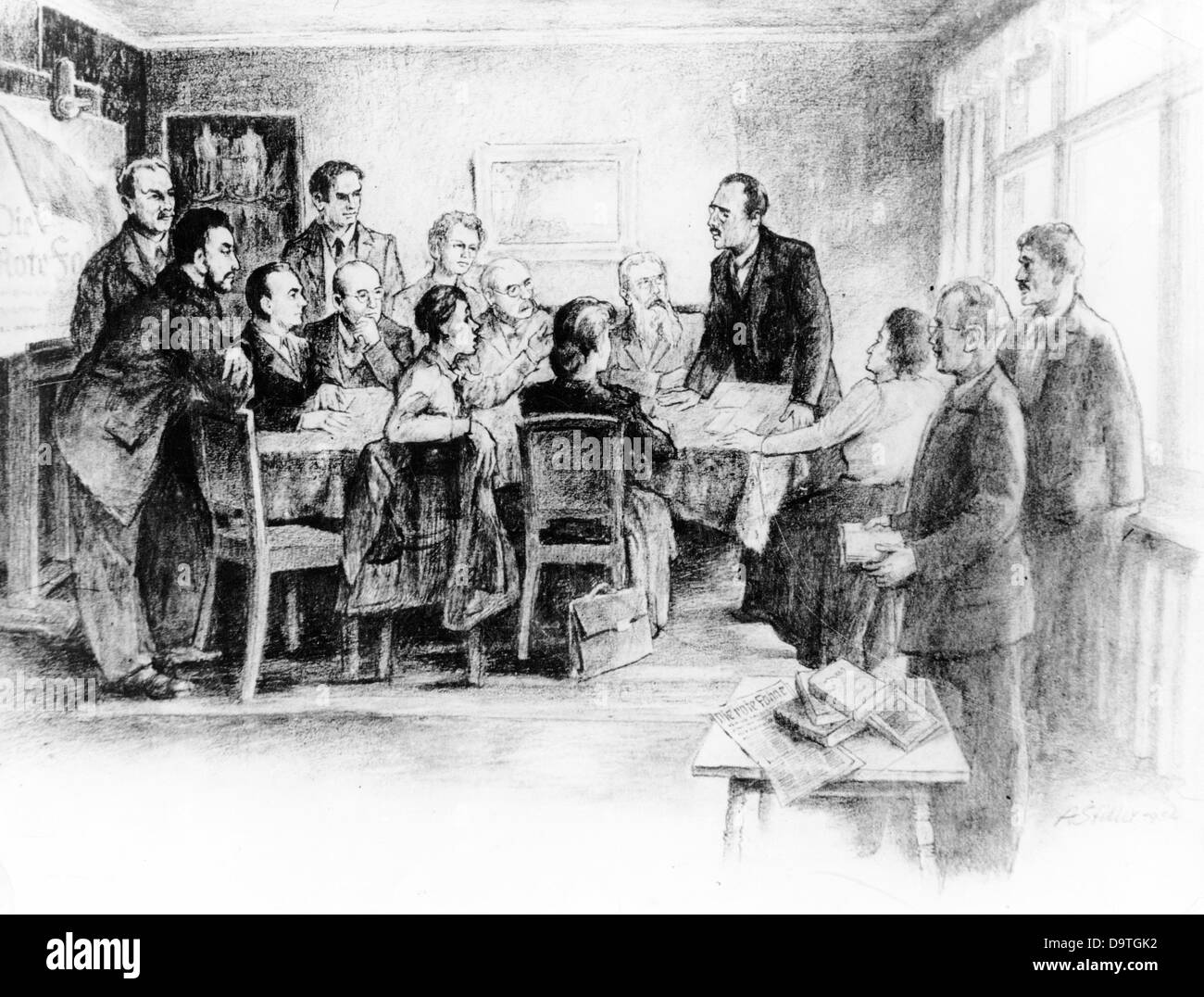 Eine Illustration des Grafikers Alfred Stiller aus dem Jahr 1952 zeigt die Versammlung zur Vorbereitung des Gründungskongresses der Kommunistischen Partei Deutschlands (KPD) im Jahr 1918 in der Art, wie sie sich das vorgestellt hatte. Die folgenden Personen der Spartacus-Liga werden rechts gezeigt: (3-r) Rosa Luxemburg, (4-r) Karl Liebknecht, (5-r) Franz Mehring: Hermann Duncker und Käthe Duncker. (1-l) Leo Jogiches, (2-l) Eugen Levine, (3-l) Wilhelm Pieck, (4-l) Otto Franke, hinten Johannes Kniff. Fotoarchiv für Zeitgeschichte Stockfoto