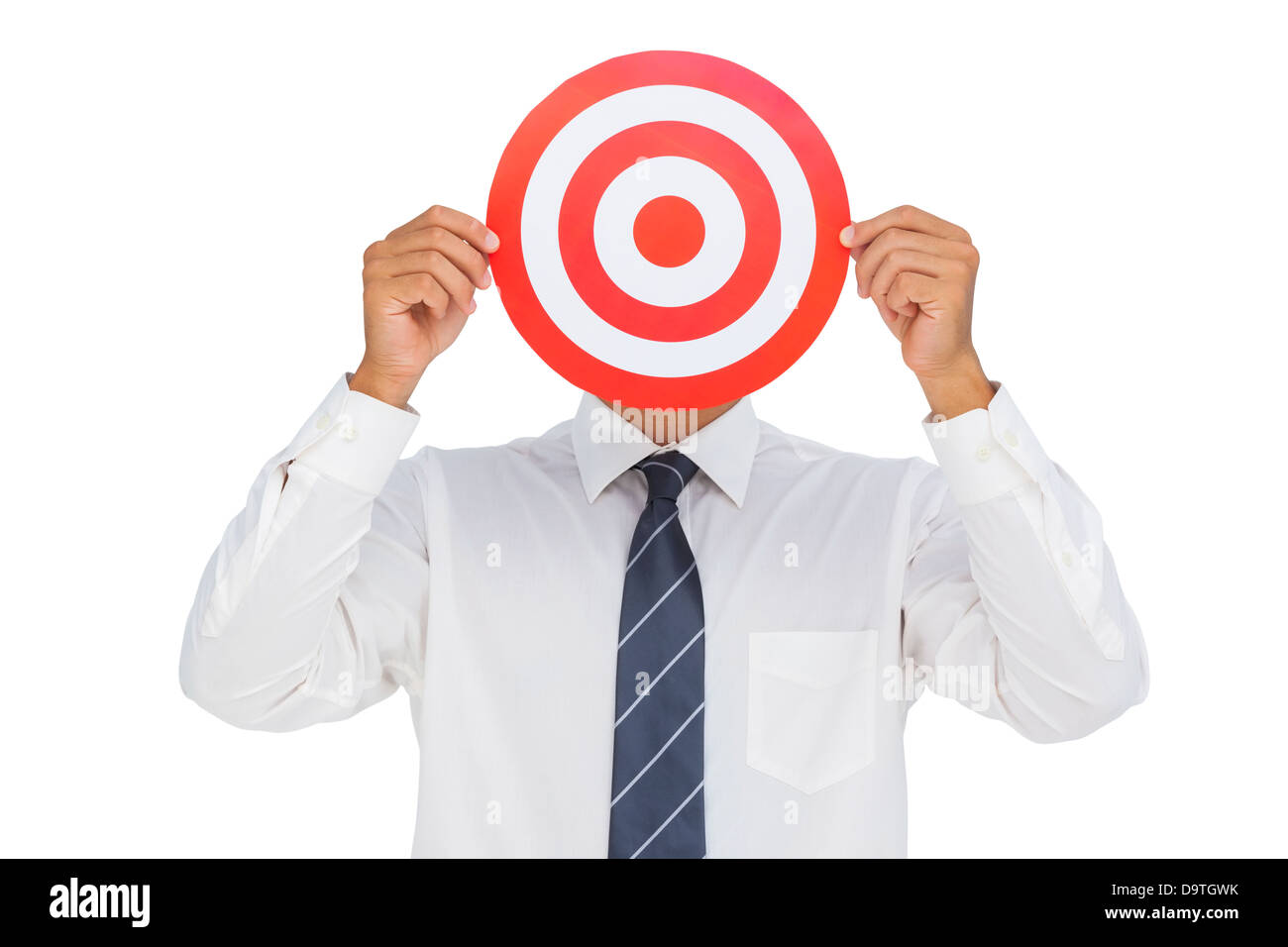 Geschäftsmann, versteckt sein Gesicht hinter einer roten Bullen-Auge Stockfoto