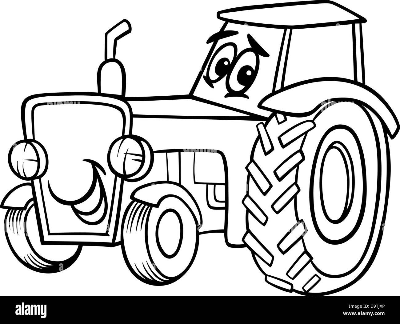 Schwarz / Weiß Cartoon Illustration der Funny Farm Traktor Fahrzeug Comic-Maskottchen für Kinder Malbuch Stockfoto