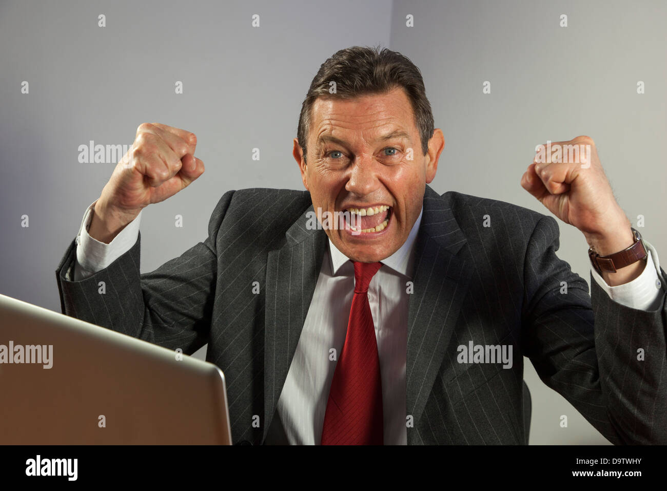 Porträt Geschäftsmann am Schreibtisch auf Kamera, jubeln mit geballten Fäusten, sitzt vor einem Laptop. Stockfoto