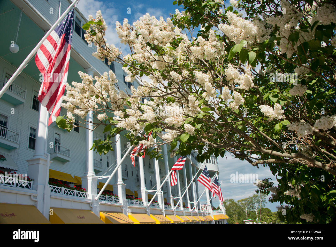 Michigan, Mackinac Island. Historische Wahrzeichen Grand Hotel mit blühenden weißen lila Baum. Stockfoto