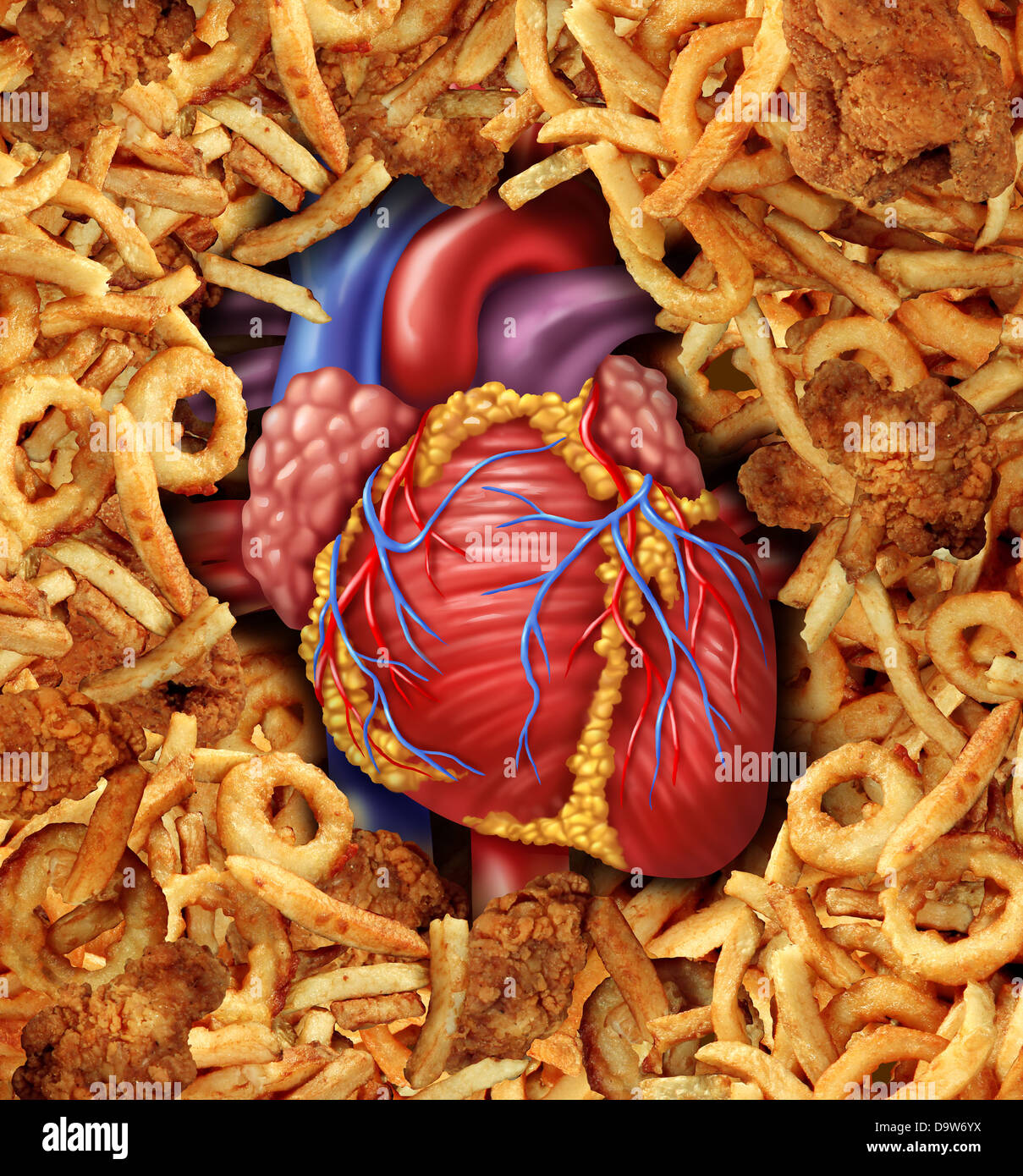 Herz-Kreislauferkrankungen medizinische Gesundheitsversorgung Essenskonzept mit einem menschlichen Herzen Organ umgeben von einer Gruppe von reichen frittiertes fettiges Cholesterin als Symbol der Arterien verstopfen durch Fett in der Ernährung. Stockfoto