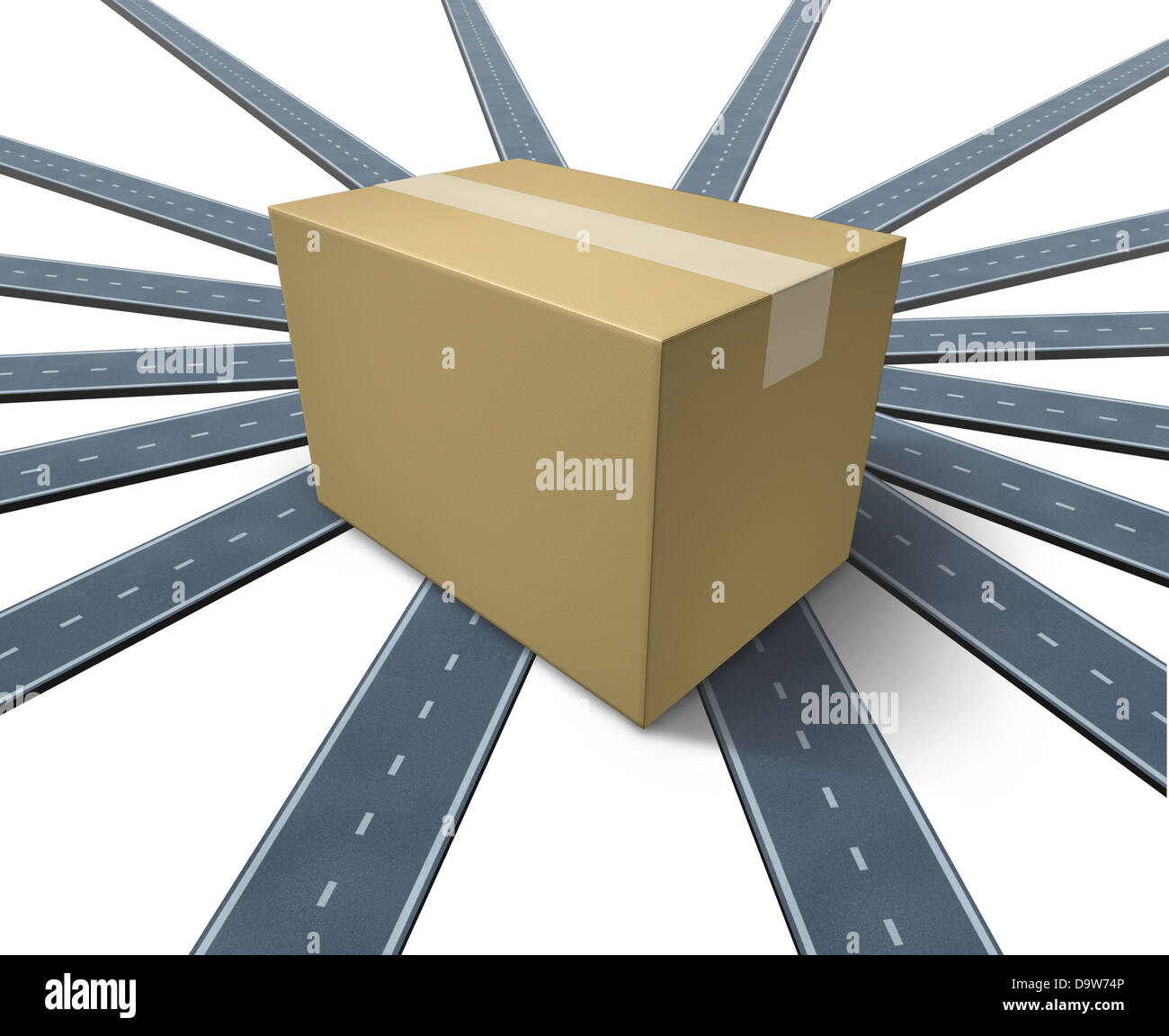 Versand überall und überall Verkehrskonzept wie eine drei dimensionale Kartonverpackung sitzen oben auf eine Gruppe von Straßen und Autobahnen gehen in alle Richtungen auf einem weißen Hintergrund. Stockfoto