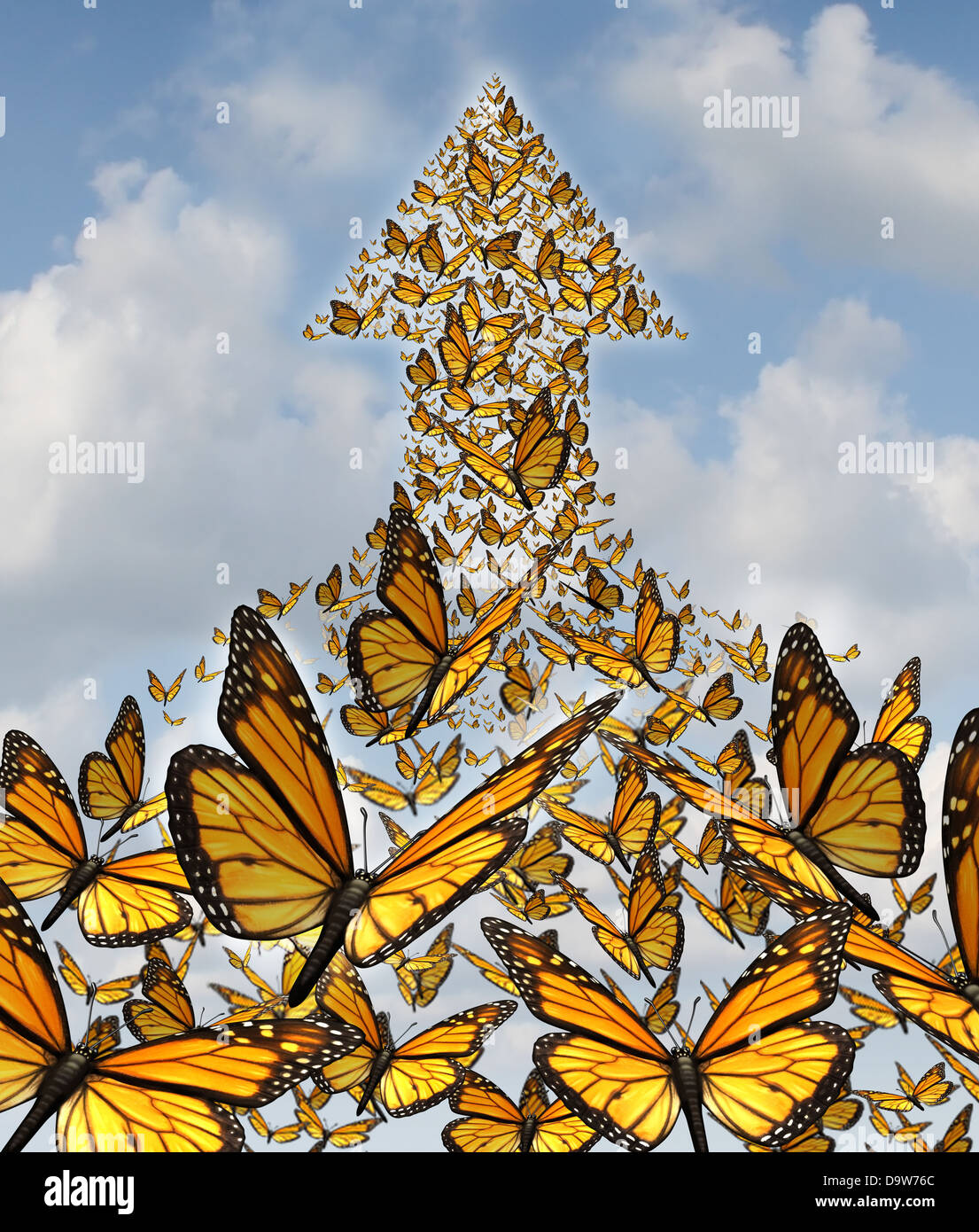 Gemeinsam für Erfolg-Business-Konzept mit Monarch Schmetterlinge fliegen in einer großen Union organisierte Gruppe Partnerschaft bilden eine Arow hinauf in den Himmel als Symbol des Mitarbeiters Solidarität und Chancen. Stockfoto
