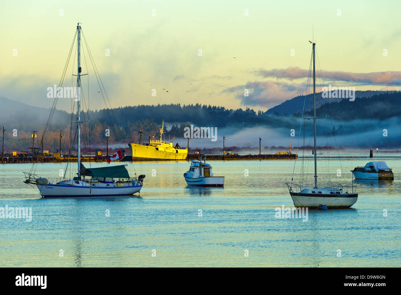 Kanada, British Columbia, Vancouver Island, Segelboote in Cowichan Bay Stockfoto