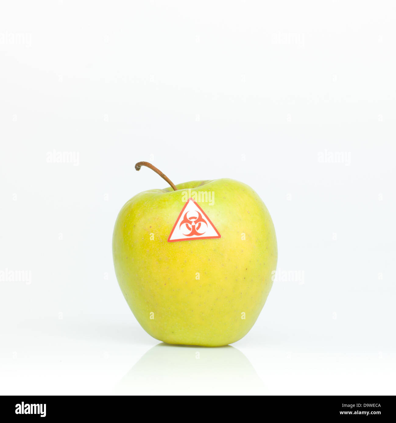 gelber reif herzhaften Apfel mit der Bezeichnung Bio gefährlich vor einem weißen Hintergrund Stockfoto