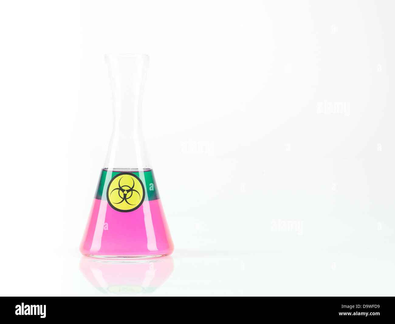 Frontalansicht eines Erlenmeyer-Cup mit 2 getrennten Flüssigkeiten, eine grüne, eine rosafarbene schwebenden beschriftet als verfügen, mit einem weißen Hintergrund Stockfoto