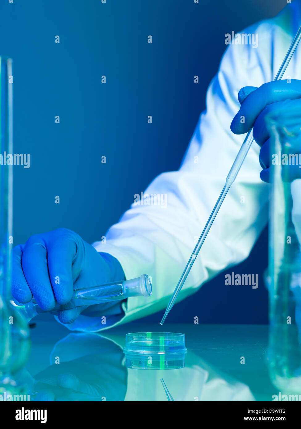 Person trägt einen weißen Kittel und blaue Gummihandschuhe einen blauen Stoff in einer Petrischale gießen und mischen es mit Tropfen transparente Flüssigkeit aus einer Pipette auf eine reflektierende Oberfläche Stockfoto