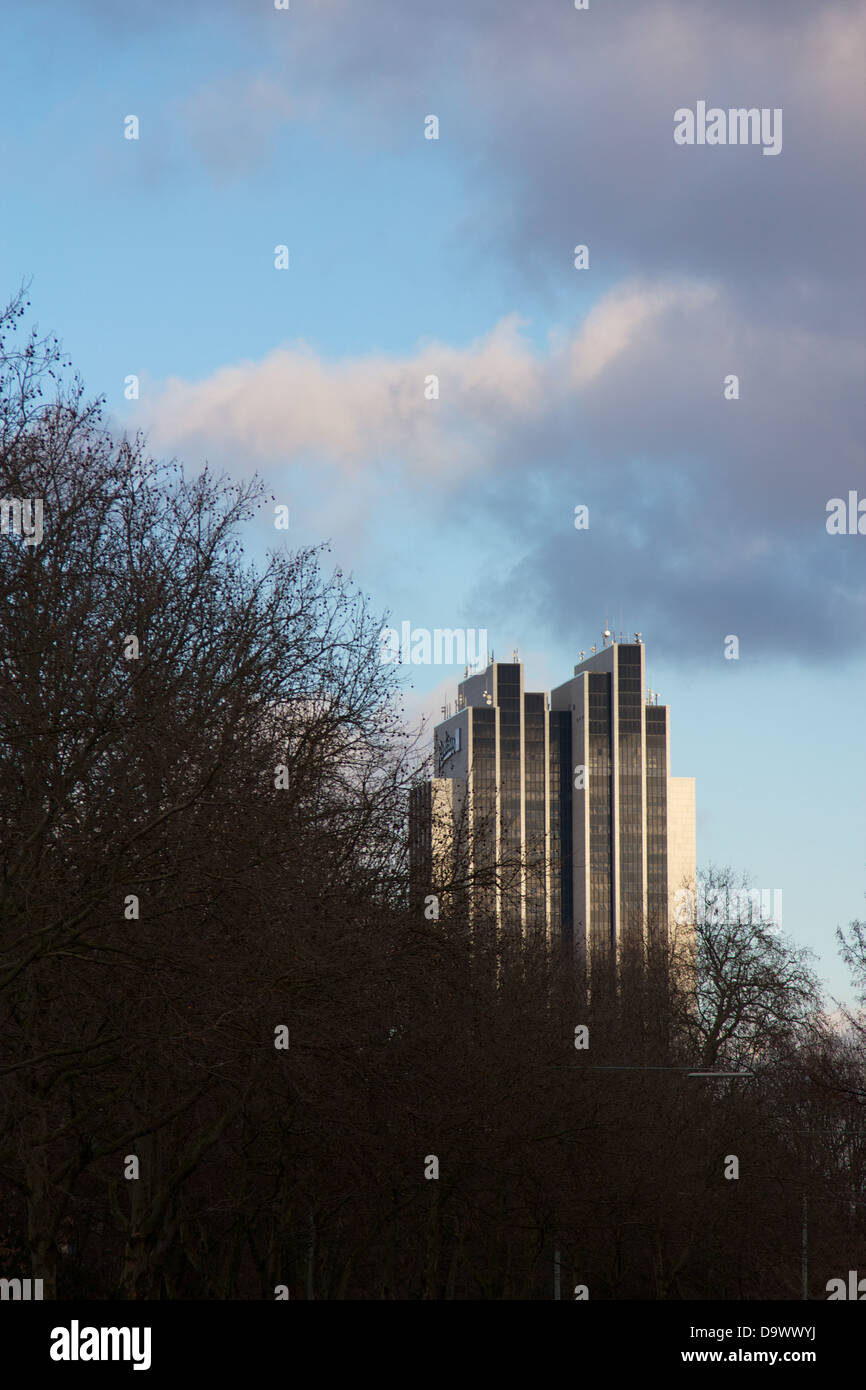 Das Radisson Blu Hotel Hamburg, einer der Städte höchsten Gebäude, halb verdeckt hinter Winter Baumkronen. Stockfoto