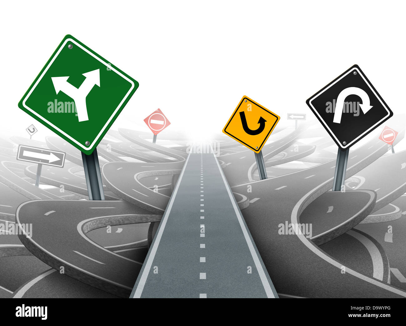 Vermeidung von Ablenkungen und klare Strategie für Lösungen in der Unternehmensführung mit ein gerader Weg zum Erfolg, die Wahl der richtigen strategischen Plans mit gelb grün schwarz-roten Verkehrszeichen durch ein Labyrinth von Autobahnen. Stockfoto