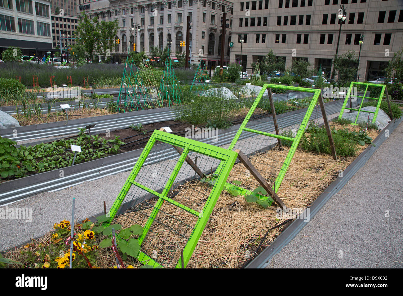 Detroit, Michigan - Lafayette Grüns, ein downtown-Gemeinde Garten/Park von Compuware Corporation entwickelt und betrieben. Stockfoto