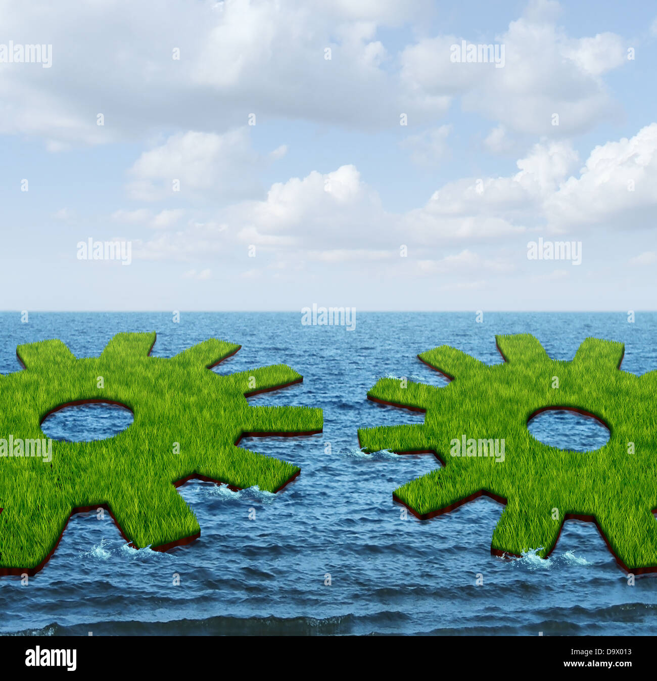 Weltweite Geschäftsbeziehungen mit zwei grünen Rasen Inseln schwimmend auf dem Ozean, geformt wie ein Zahnrad oder Zahnrad kommen zusammen, um ein internationales Netzwerk von Arbeiten für den finanziellen Erfolg am Sommerhimmel zu erstellen. Stockfoto