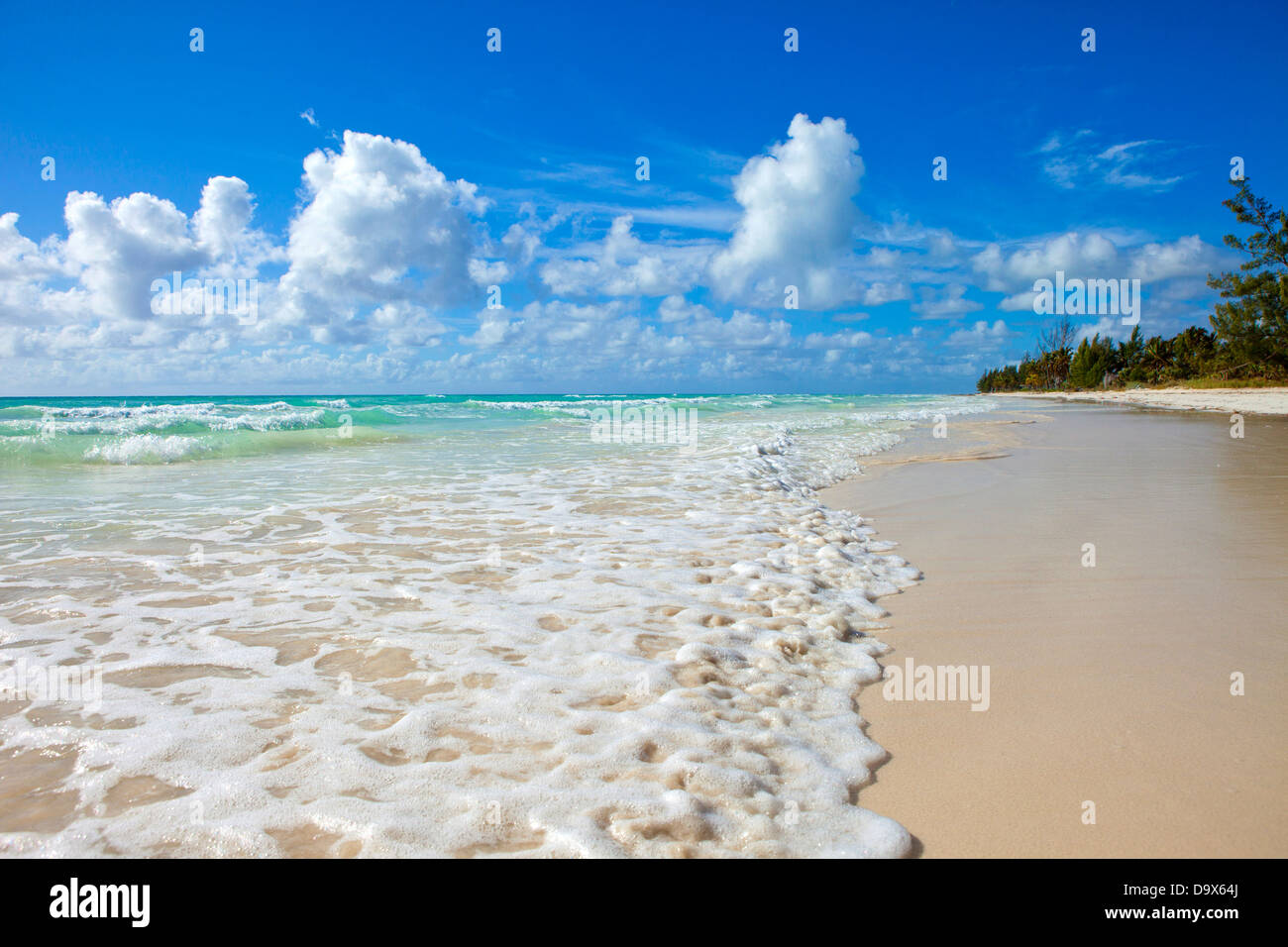 leerer Strand mit blauem Himmel und türkisfarbenes Wasser in bahamas Stockfoto