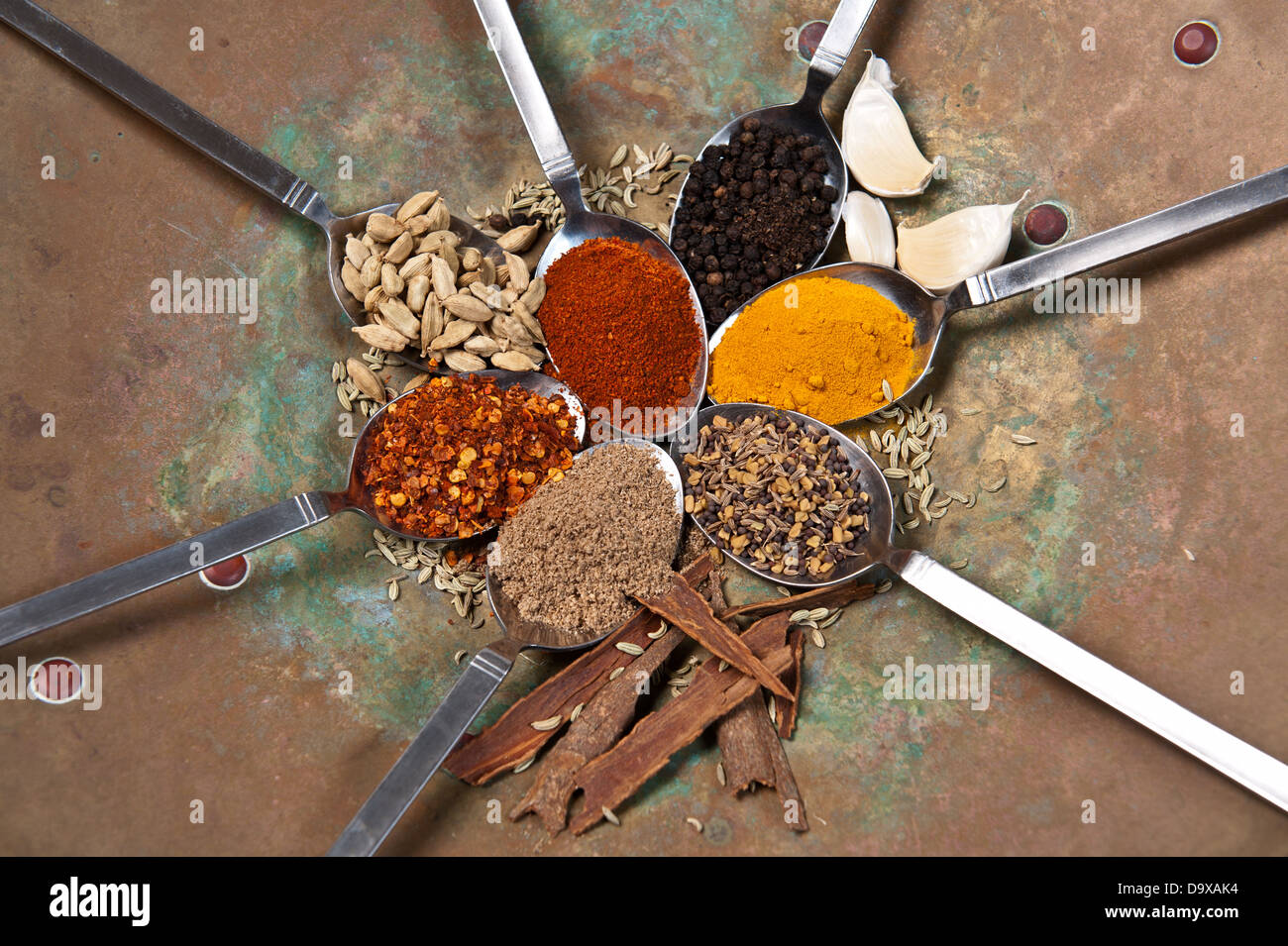 7 Esslöffel mit verschiedenen Gewürzen in einer Runde indisches Gericht angeordnet. Stockfoto