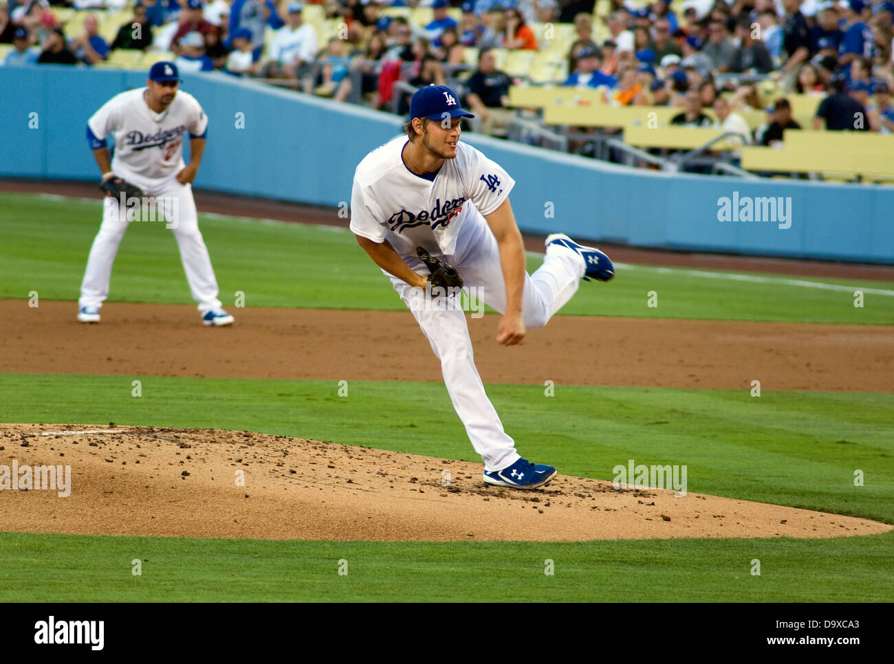Los Angeles Schwindler Krug Clayton Kershaw im Spiel im Dodger Stadium Stockfoto