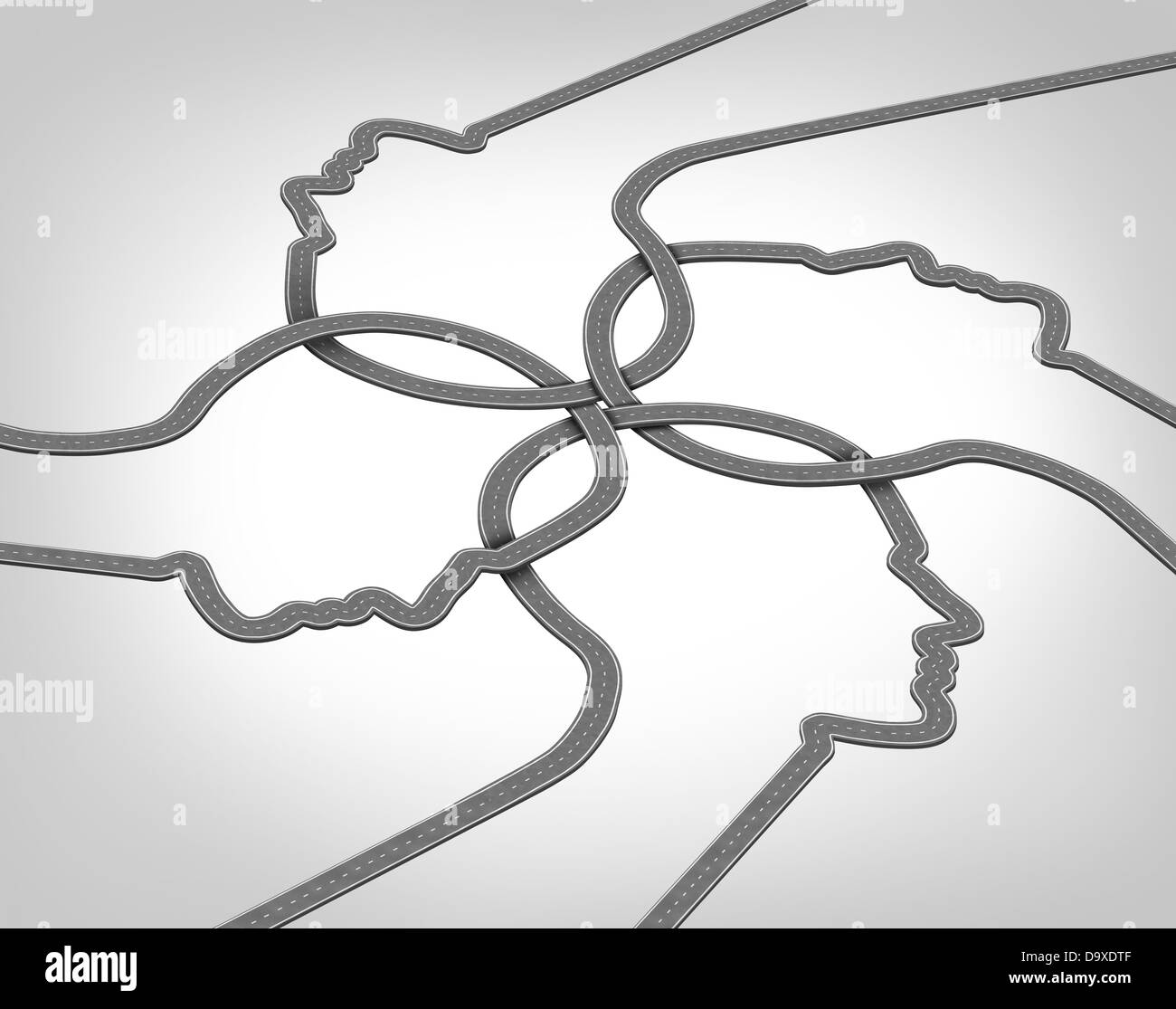 Netzwerk-Team-Business-Konzept mit einer Gruppe von Verschmelzung von Straßen und Autobahnen in Form eines menschlichen Kopfes konvergieren und zusammenkommen, wie eine Gemeinschaft Partnerschaft Tat kreuzenden Wege verbunden. Stockfoto