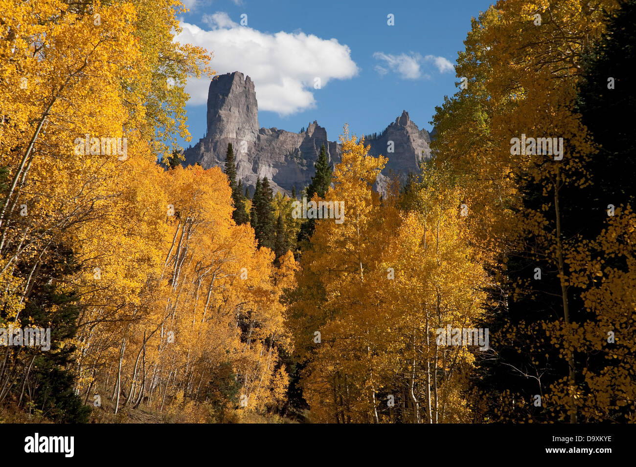 Schornstein-Peak mit weißen geschwollenen Wolken zeigen Gerichtsgebäude Berg im Uncompahgre National Forest, Colorado Stockfoto