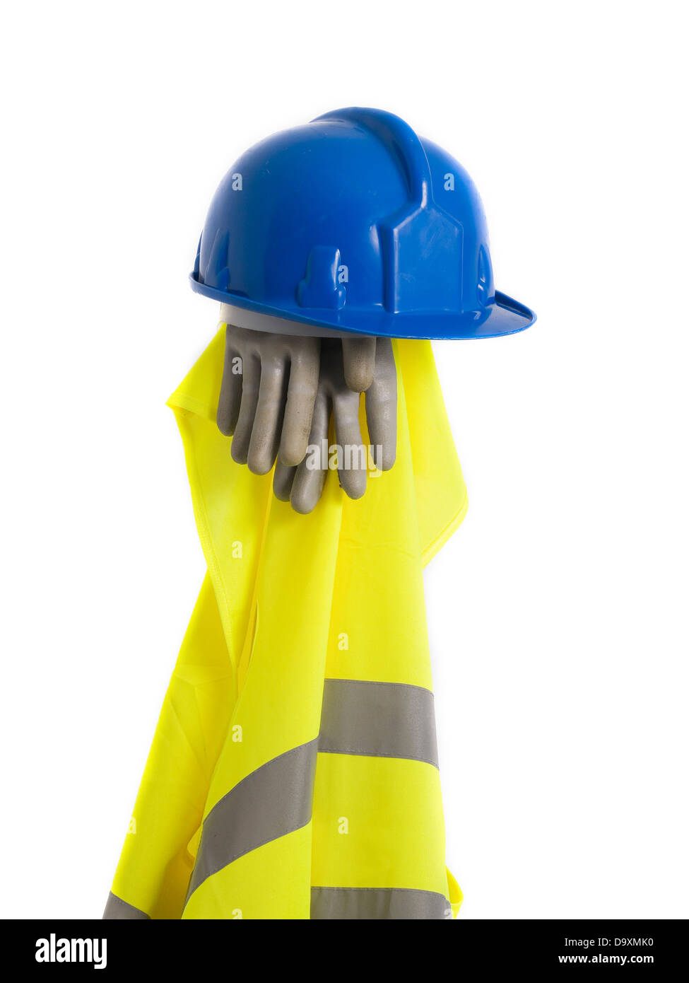 Reflektierende Weste, Helm und Sicherheit Handschuhe isoliert auf weißem Hintergrund. Eine Sicherheitsausrüstung. Stockfoto