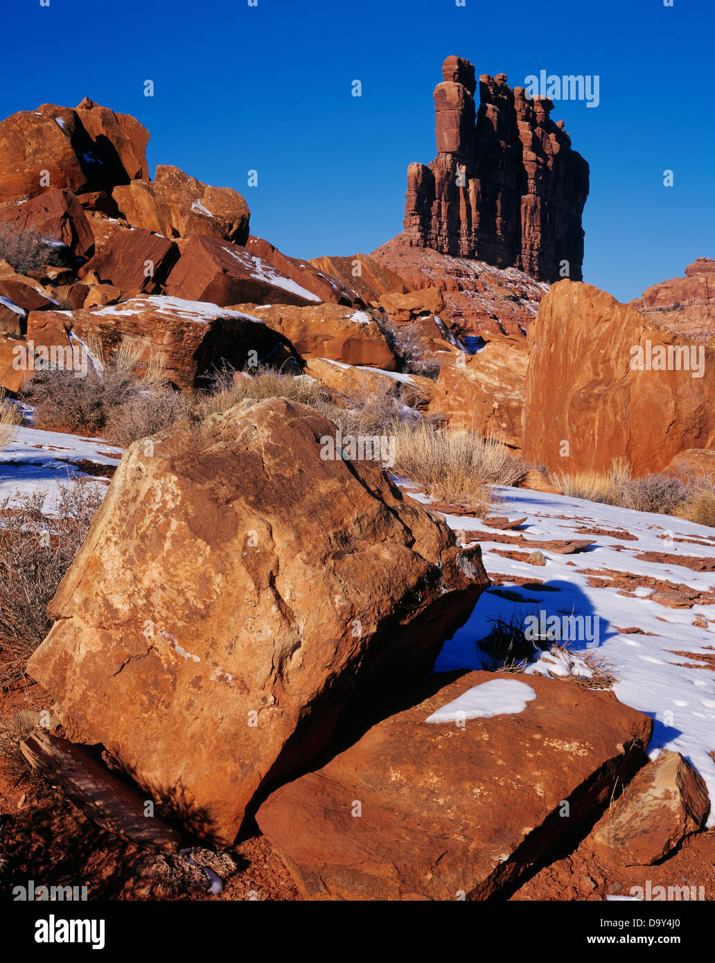 Cedar Mesa Sandstein Monolith auf schrägen ziegelrot Hilgaito Schiefer, Valley of the Gods, Utah. Stockfoto