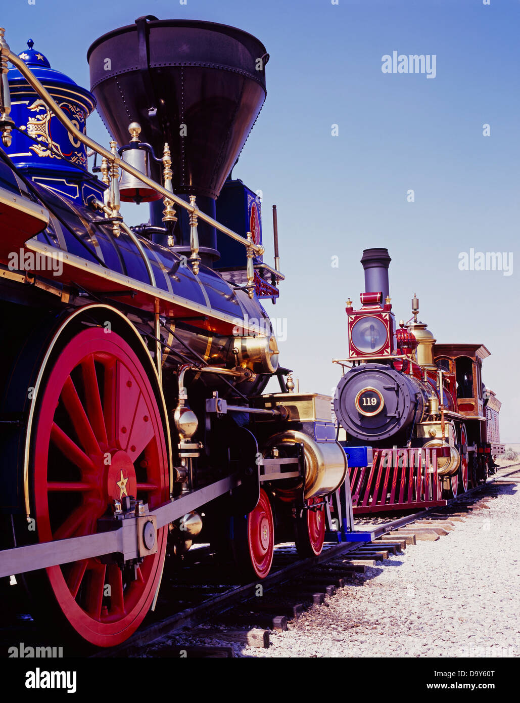 Der Central Pacific Dampf Lok "Jupiter" Union Pacific Dampf Lok # 119 Promontory Summit Golden Spike National Stockfoto