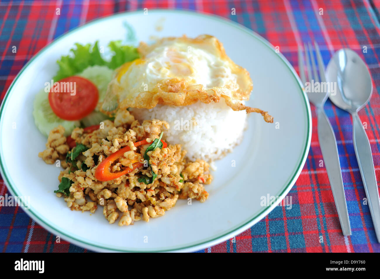 Basil Chicken gebratener Reis Rezept, Thai scharfes Essen Stockfoto