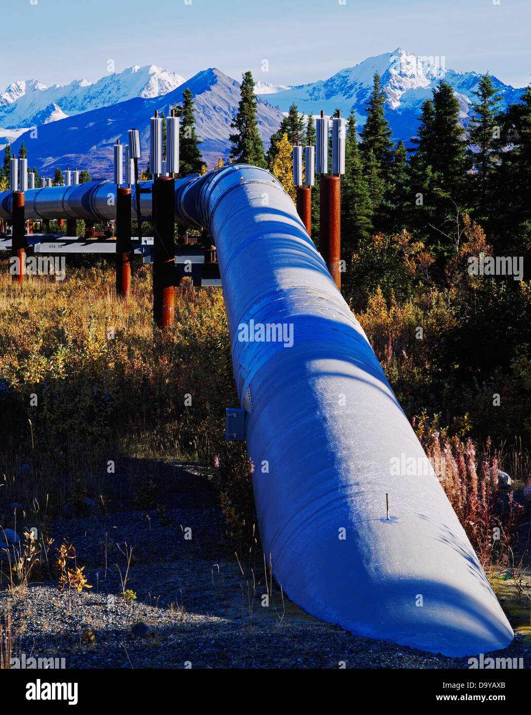 Trans-Alaska-Pipeline aus Boden Süd Pump Station 10 MP 586.9 Berge Alaska Range in der Nähe von Isabel Pass über Alaska. Stockfoto